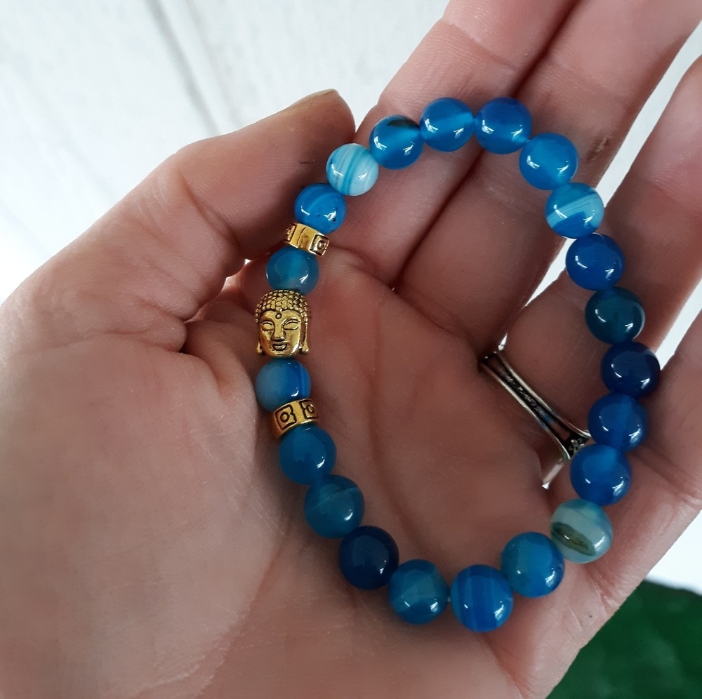 New Natual Blue Agate Ball Golden Buddha Head Bracelet.